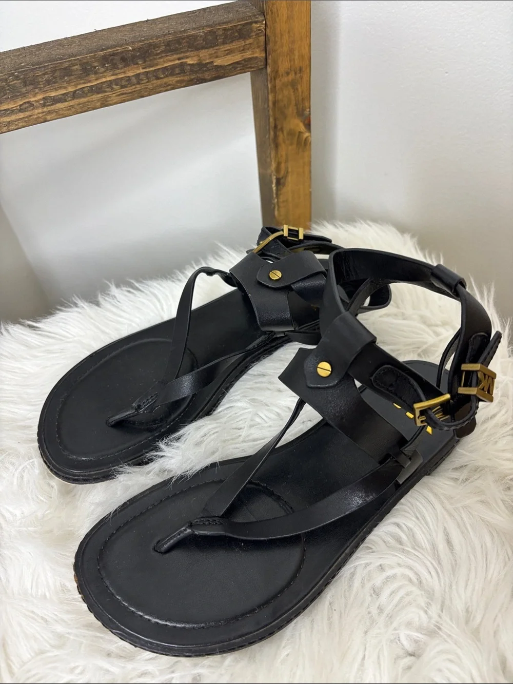 Michael Kors Black Leather Strappy Sandals with Gold MK Accent Size 7
